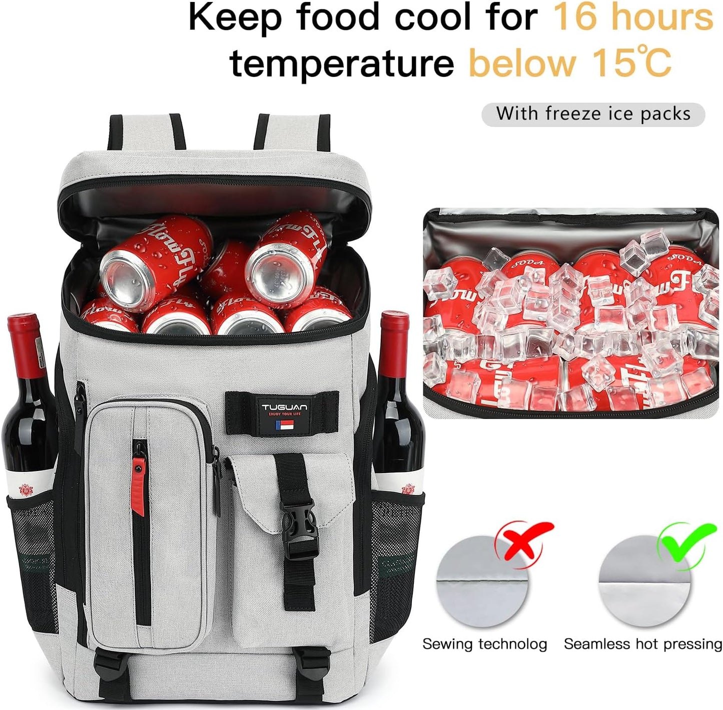 TUGUAN Cooler Backpack 36 Cans Insulated Leak Proof Lightweight Lunch Backpack for Men Work Portable Travel Thermal Bag Compartment Camping Hiking Beach Pincnic Cooler for Women