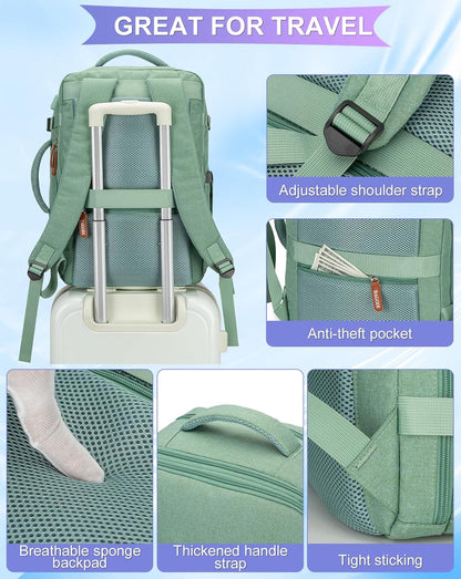 42L Travel Laptop Backpack, Expandable Carry-on Luggage, Anti-Theft Business Weekender Bag with USB Port, 3 Packing Cubes & Shoe Bag (Green)