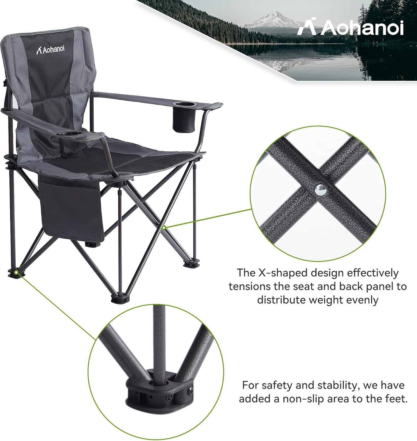 Oversized XL Camping Chairs for Adults, Padded Folding Camp Chair with High Back, Cup Holder & Side Pocket for Outside, Lawn, Beach, Fishing, Sports, Folding Heavy Duty Chairs, Black