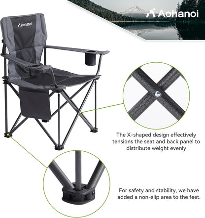 Oversized XL Camping Chairs for Adults, Padded Folding Camp Chair with High Back, Cup Holder & Side Pocket for Outside, Lawn, Beach, Fishing, Sports, Folding Heavy Duty Chairs, Black