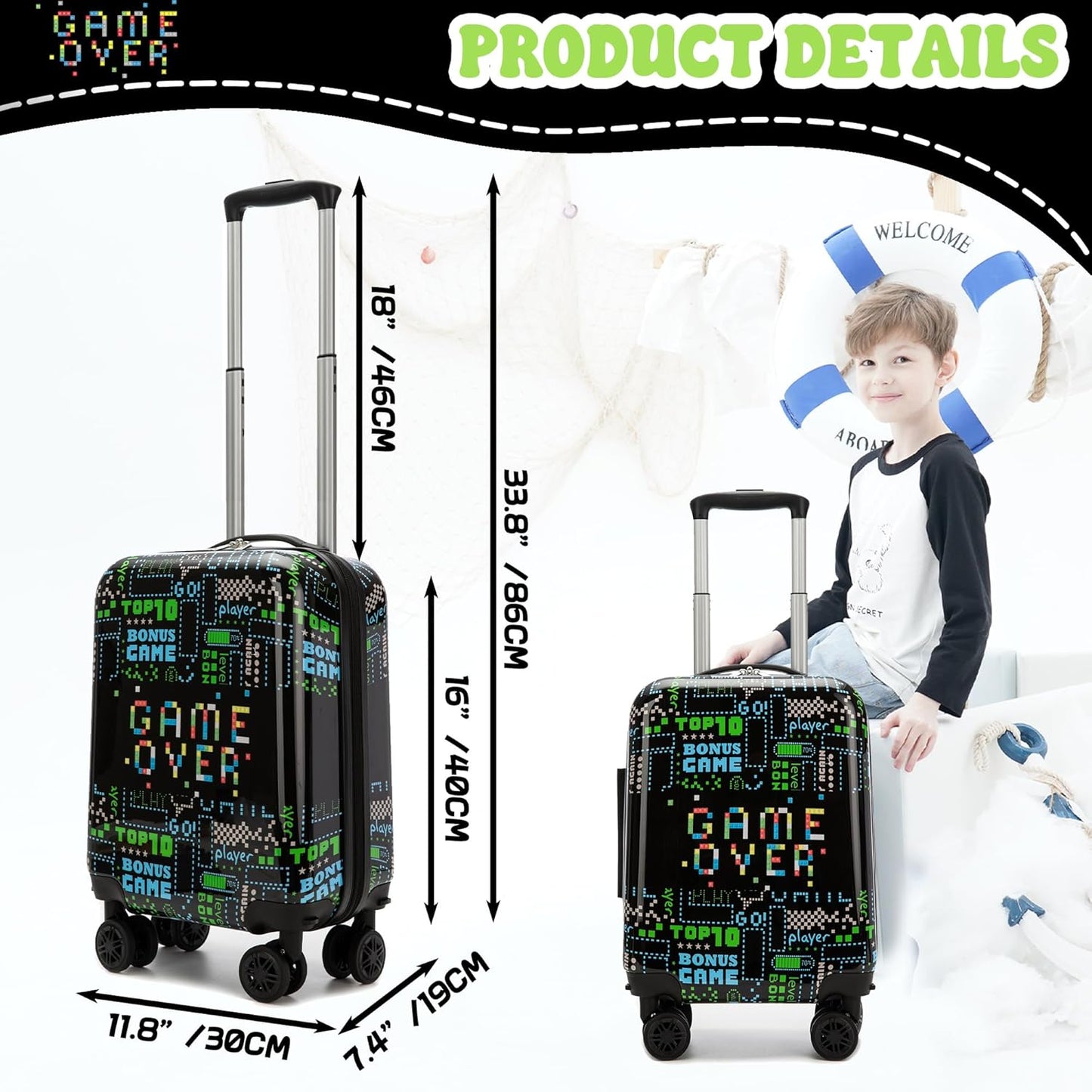 Suitcase for Kids 16inch Car Luggage Set for Boys Travel Suitcase Hard Shell Luggage Sets with Spinner Wheels Carry on Luggage Airline Approved