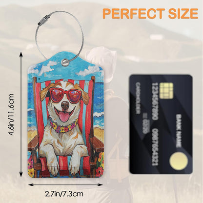 Funny Dog Summer 3 Pack PU Leahter Luggage Tag with Stainless Steel Loop, Cool Dog at The Beach Travel Suitcase Labels with Privacy Cover ID Label Quickly Spot for Bags