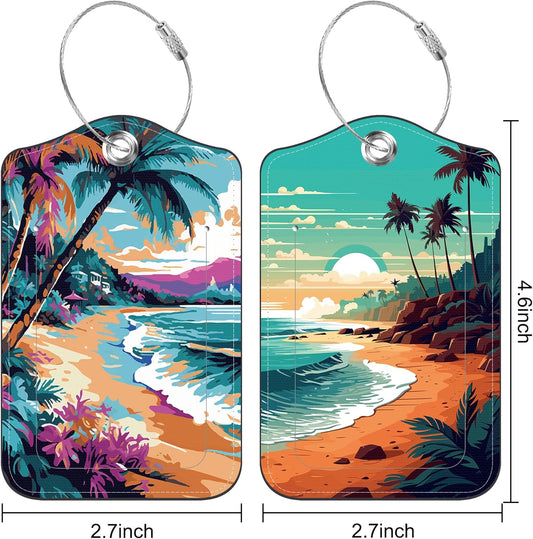 2 PCS Leather Luggage Tags for Suitcase Sea and Beach Coastal Landscape Travel Luggage Tag with Privacy Flap Name ID Label and Metal Loop for Travel Bag Suitcase
