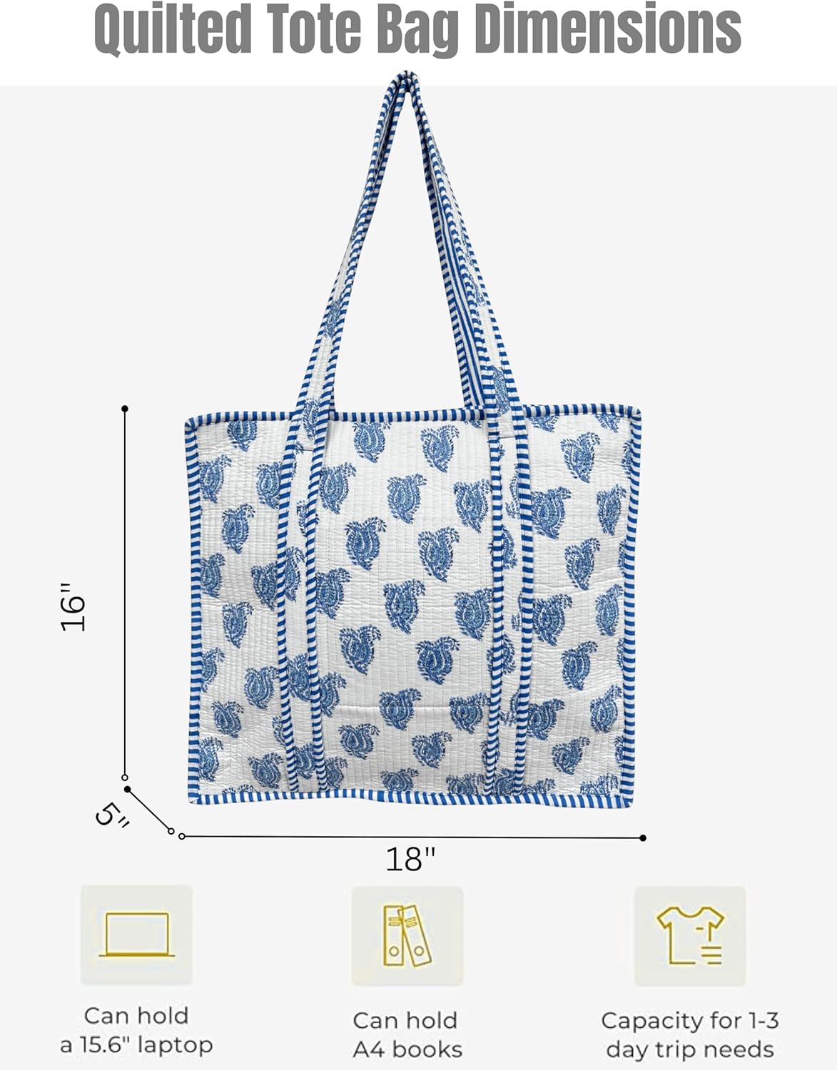 Cotton Quilted Tote Bag for Women – Large Beach & Travel Tote with Zipper, Reusable Grocery Bag