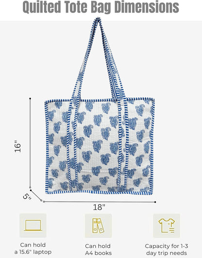 Cotton Quilted Tote Bag for Women – Large Beach & Travel Tote with Zipper, Reusable Grocery Bag