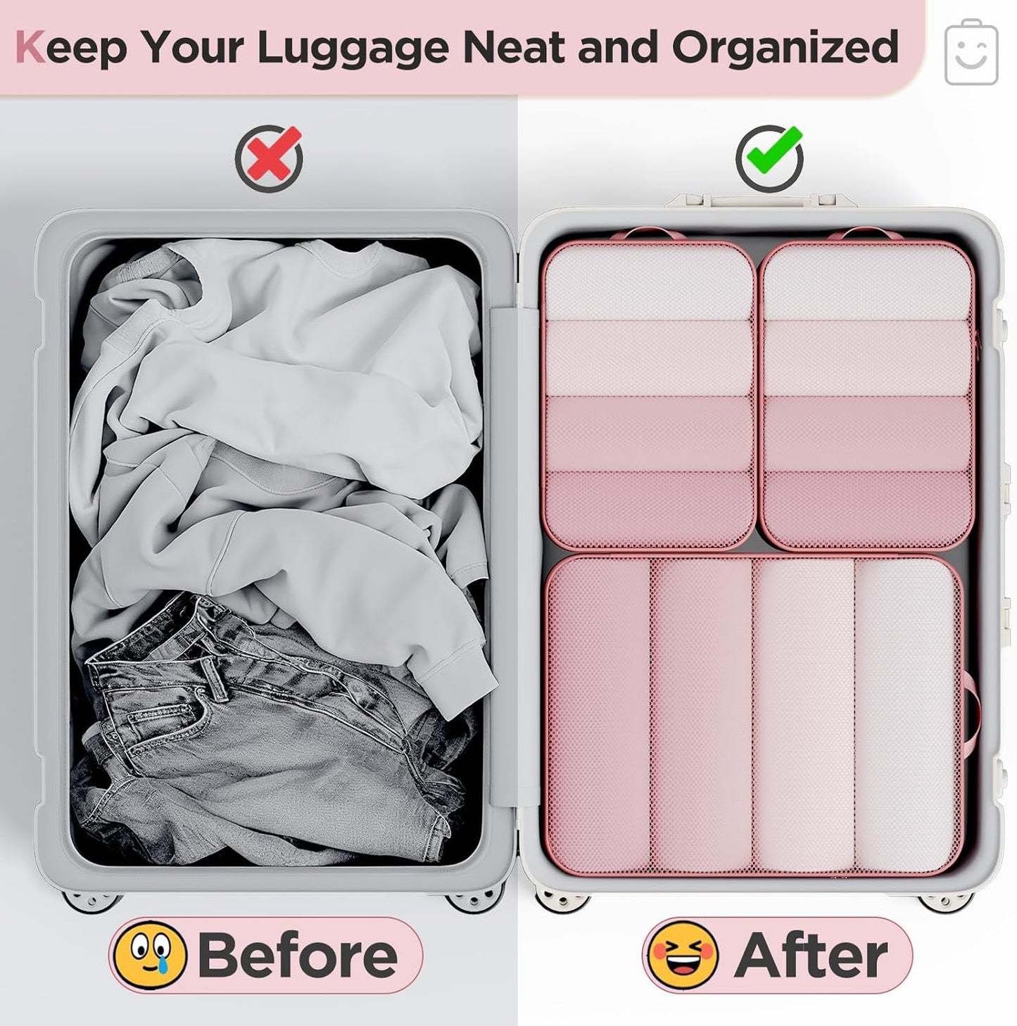 Veken 6/9/11 Set Compression Packing Cubes for Travel Essentials,Compressible Expandable Large Luggage Suitcase Organizer Bags for Clothing,Durable Space Saver Storage Bags(Pink)