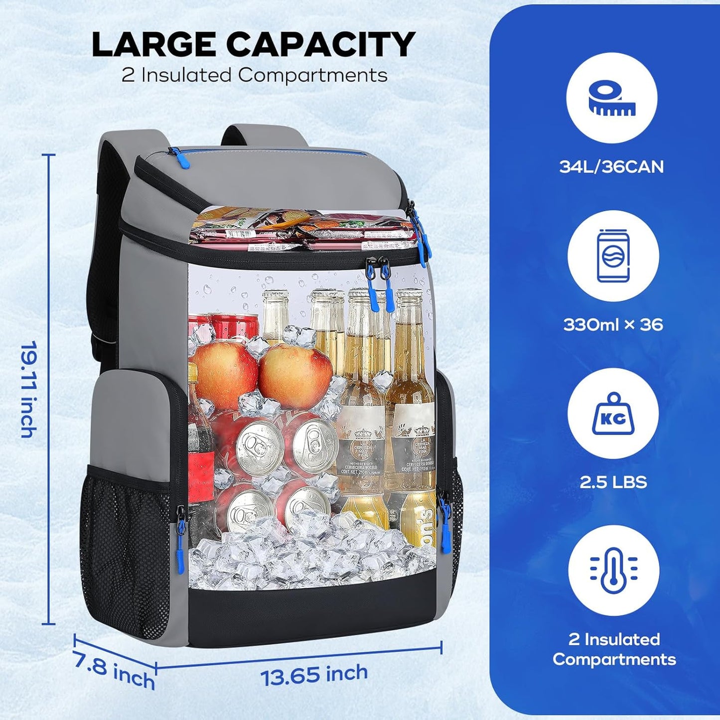 Maelstrom Backpack Cooler,36 Can Cooler Backpack,Soft Cooler Bag Insulated Leakproof,Lightweight Ice Chest Backpack,Travel Cooler Lunch Backpack for Camping,Hiking,Beach,Gray