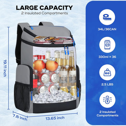 Maelstrom Backpack Cooler,36 Can Cooler Backpack,Soft Cooler Bag Insulated Leakproof,Lightweight Ice Chest Backpack,Travel Cooler Lunch Backpack for Camping,Hiking,Beach,Gray