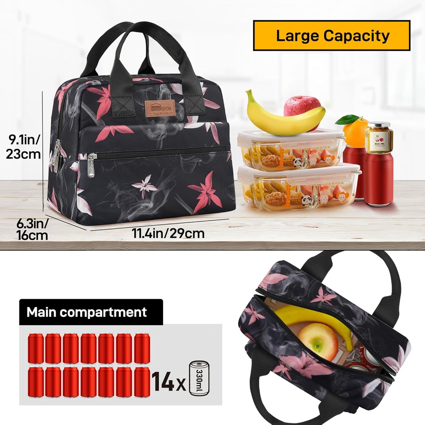 HOMESPON Insulated Lunch Bag for Women Men Lunch Box Cooler Lunch Tote for Work Picnic (Pink Flowers)