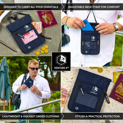 VENTURE 4TH Passport Holder Neck Pouch With RFID Blocking – Hidden Neck Wallet (Navy Blue)