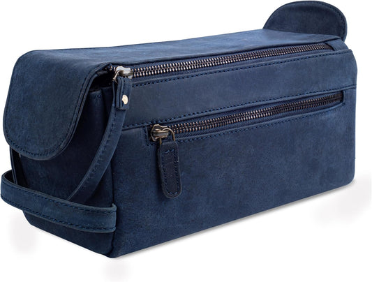 LEATHER VILLAGE Premium Leather Travel Toiletry Bag - Unisex Water-Resistant Travel Dopp Kit, Shaving & Cosmetic Organizer for Men & Women - Compact Bathroom Essentials - Royal Blue