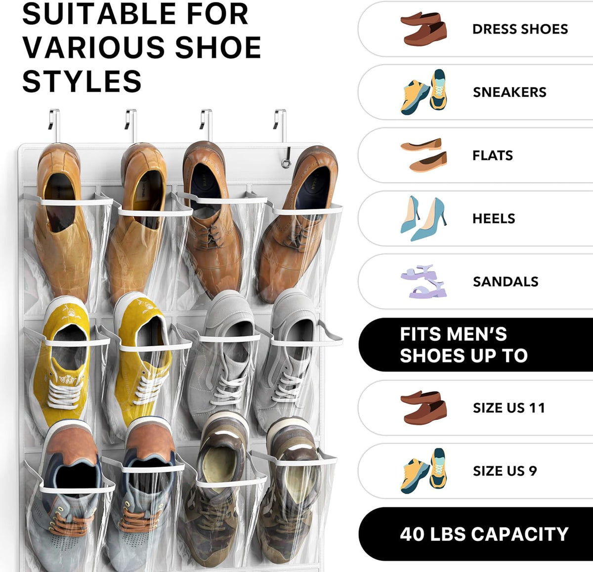 Simple Houseware 24 Pockets Large Clear Pockets Over The Door Hanging Shoe Organizer, White (56" x 22.5")