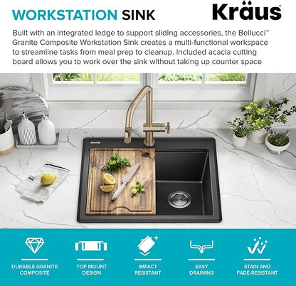 KRAUS Bellucci 25-inch Granite Workstation Drop In Top Mount Single Bowl - Image 3
