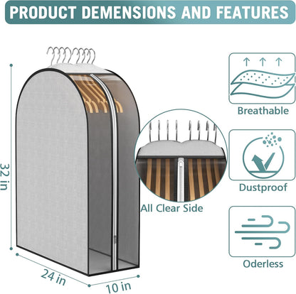 10" Gusseted Garment Bags for Hanging Clothes 32" Suit Bags for Open Closet Storage, Side Clear Clothing Cover for Coat, Dress, Jacket, Shirt, Fur Wardrobe Protector, 3 Packs, Grey