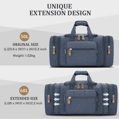 Gonex Canvas Duffle Bag for Travel 60L Expandable Duffel Weekend Overnight Bag men (Denim Blue)