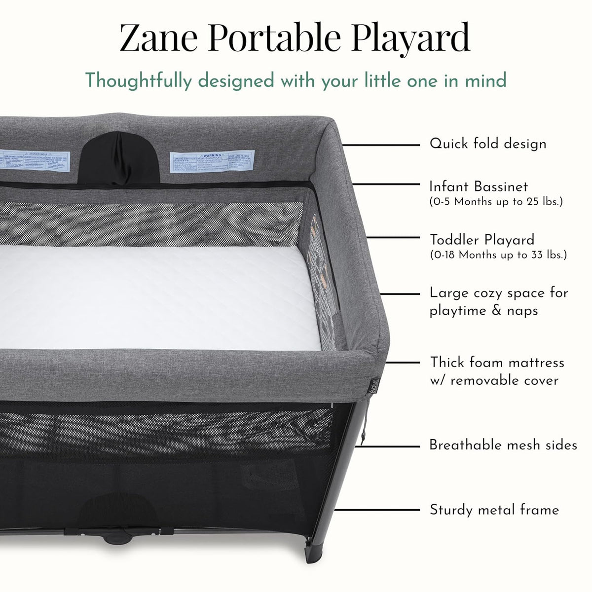 Evolur Zane Portable Playard – Foldable, Removable Mattress, Easy to Use Baby Bassinet for Travel & Home, Grey