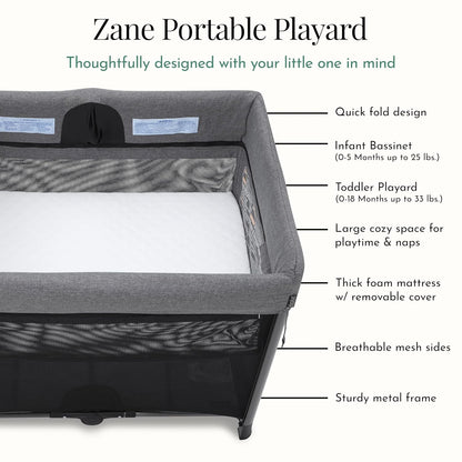 Evolur Zane Portable Playard – Foldable, Removable Mattress, Easy to Use Baby Bassinet for Travel & Home, Grey