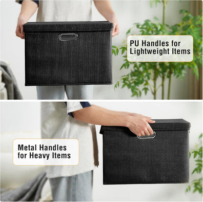17" Large Collapsible Storage Bins with Lids, Stackable Closet Organizers with PU Handle and Labels, 3-Pack Decorative Fabric Storage Boxes for Home, Bedroom, Closet, Office, Nursery(Black)