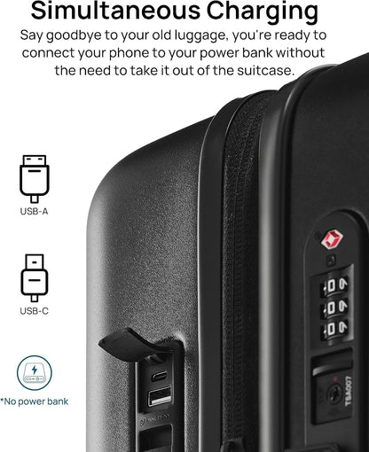Carry on Luggage 22 X 14 X 9 Airline Approved, 20 Inch Luggage for 3-5 Days Travel, Double Spinner Wheels, 100% Hardshell PC, TSA Lock (11-Pirate Black (USB Port), Checked 24-Inch)