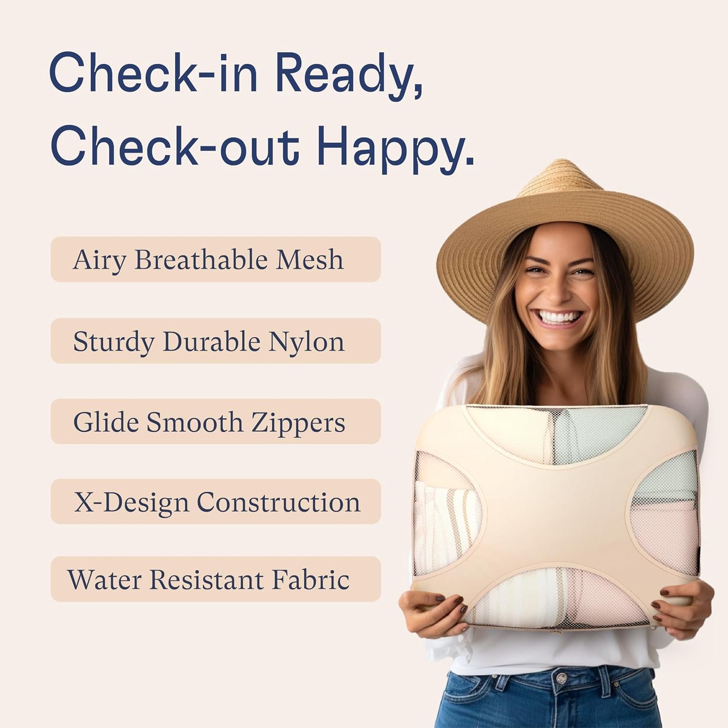 Shacke Premium 5 Packing Cubes Set - Lightweight Mesh Travel Luggage Organizers with Laundry Bag, 5-Piece Suitcase Storage System (Cream)