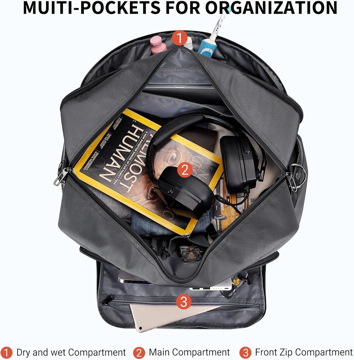 WITZMAN Weekender Bags for Men Women Carry On Duffle Overnight Bag with Toiletry Bag Sets Travel Duffel Bag Shoes Compartment （B694 Silvery Grey）