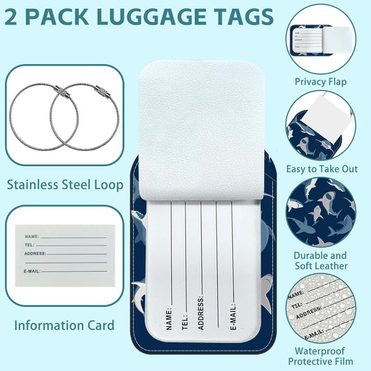 2 Pack Cute Luggage Tag for Suitcases Shark Set Leather Luggage Tags with Stainless Steel Loop Privacy Flap Name Tags,Men and Women Travel Bag Suitcase Tags