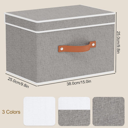 Collapsible Storage Bins with Lids, 1 Pack Linen Foldable Cloth Baskets, 15 x 9.8 x 9.8 Inch Closet Organizer Containers with Double Handles, Sweater Boxes for Bedroom, Grey