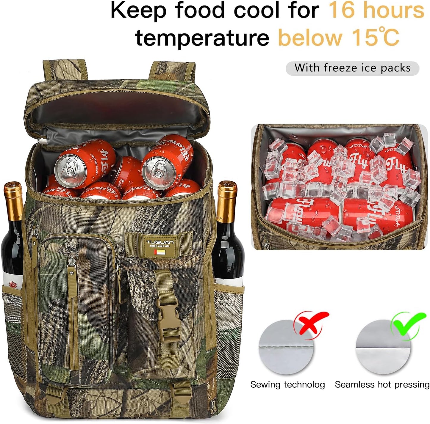 TUGUAN Cooler Backpack 36 Cans Insulated Leak Proof Lightweight Lunch Backpack for Men Work Portable Travel Thermal Bag Compartment Camping Hiking Beach Pincnic Cooler for Women