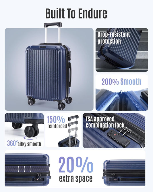 LIGHT FLIGHT Carry On Luggage 22x14x9 Airline Approved, Durable Hard Shell Carry On Suitcases with Wheels, Expandable Hardside Lightweight Travel Luggage with TSA Lock 20 Inch Carry on, Navy Blue