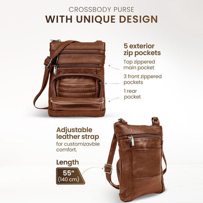 Krediz leather Crossbody Purses for Women, Multi Pocket Crossbody Purse with Adjustable Strap, Soft & Durable Leather Purse