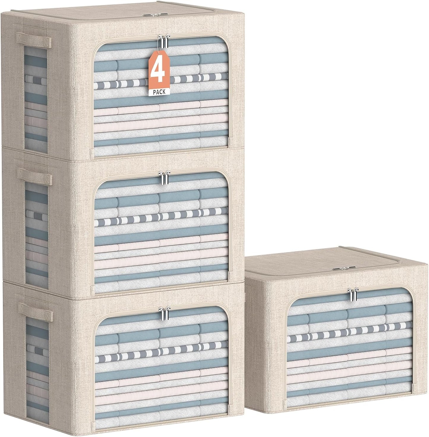 4 Pack Clothes Storage Bins with Metal Frame - Linen Fabric Foldable Stackable Container Organizer Set with Clear Window & Carry Handles & Zippers (Beige, 19.7"x15.7"x13")