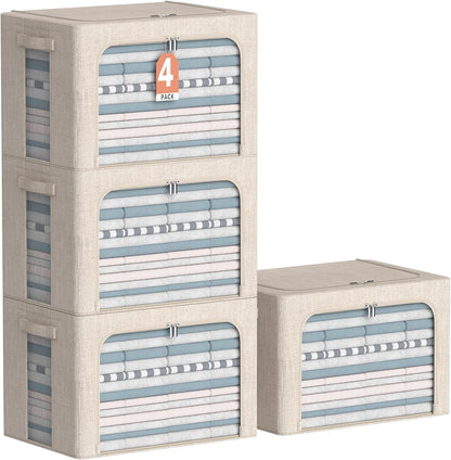 4 Pack Clothes Storage Bins with Metal Frame - Linen Fabric Foldable Stackable Container Organizer Set with Clear Window & Carry Handles & Zippers (Beige, 19.7"x15.7"x13")