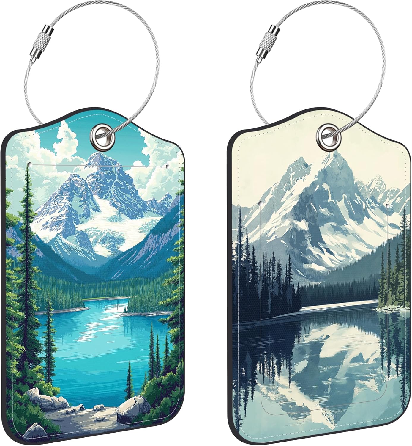 Snow Mountain Lake Forest Luggage Tags for Suitcases Leather Travel Tags for Luggage ID Label with Privacy Cover and Stainless Steel Loop for Men Women Suitcase Backpack, Set of 2