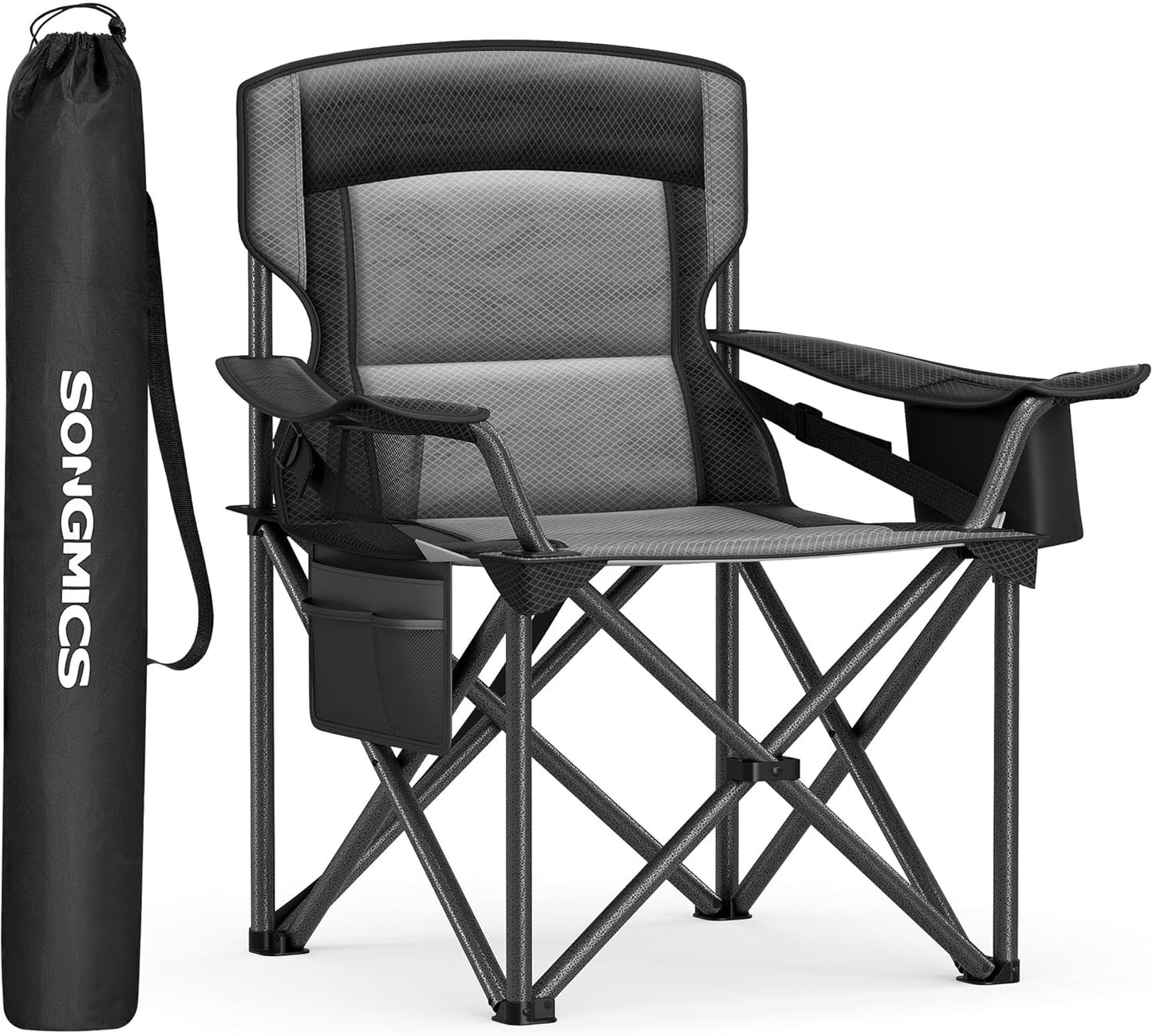 SONGMICS Oversized Lumbar Support Camping Chair, Heavy-Duty Outdoor Folding Chair Comfortable, Padded, Glamping, Cooler Bag, Weight Capacity 450 lb, Ink Black UGCB066B01