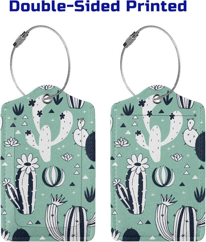 2 Pack Cute Cactus Green Suitcase Tags Identifiers Unique Leather Luggage Tags with Stainless Steel Loop Privacy Cover ID Label for Women Men Girls Boys Travel