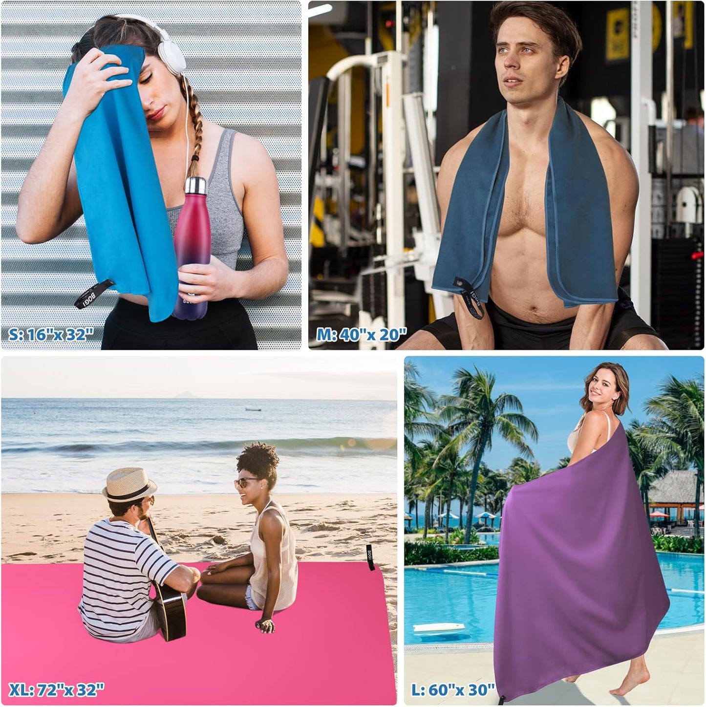 BOGI Microfiber Travel Sports Towel-Quick Dry Towel, Soft Lightweight Microfiber Camping Towel Absorbent Compact for Camping Gym Yoga Swimming Backpacking (L:60''x30''+16''x16''-Black)