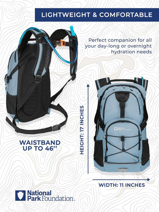 National Park Foundation 18L Hydration Backpack with 2 Liter Hydro Water Bladder Bag, Lightweight Daypack for Cycling, Hiking, Running, Climbing, for Men Women Kids