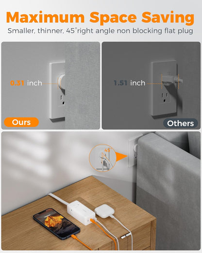 TESSAN USB Charging Station PD 65W, USB C Charger Blocks with 3 AC Outlets, Desktop Phone Fast Charger with Flat Plug for Phone Tablet Laptop, Travel, Office