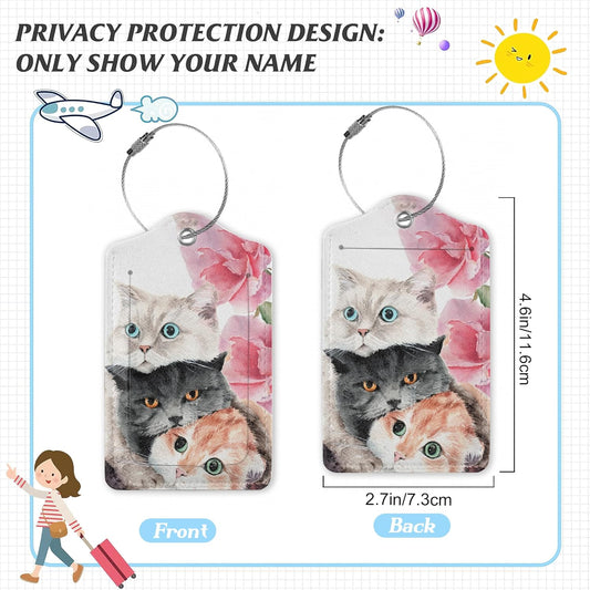 3 Pack Luggage Tag for Suitcase,Cute Funny Cat Leather Luggage Tags with Privacy Cover Name ID Label Identifiers Travel Bag Tags for Women Men Boys Girls