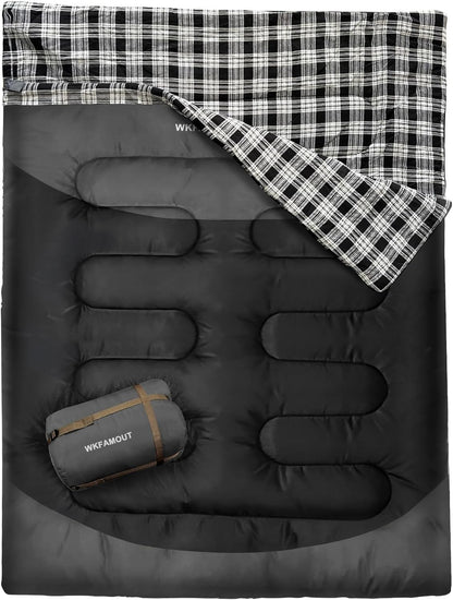 Double Sleeping Bag for Adults Machine Washable 2 Person Camping Sleeping Bag Queen Size Waterproof with Compression Sack for Cold Weather 3-4 Seasons