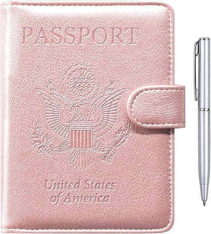 TIGARI Passport Holder for Travel Women Men, PU Leather Waterproof RFID Passport Holder Wallet Cover Case Sleeve, Family Vacation Plane Cruise Travel Document Organizer Essentials-Pink