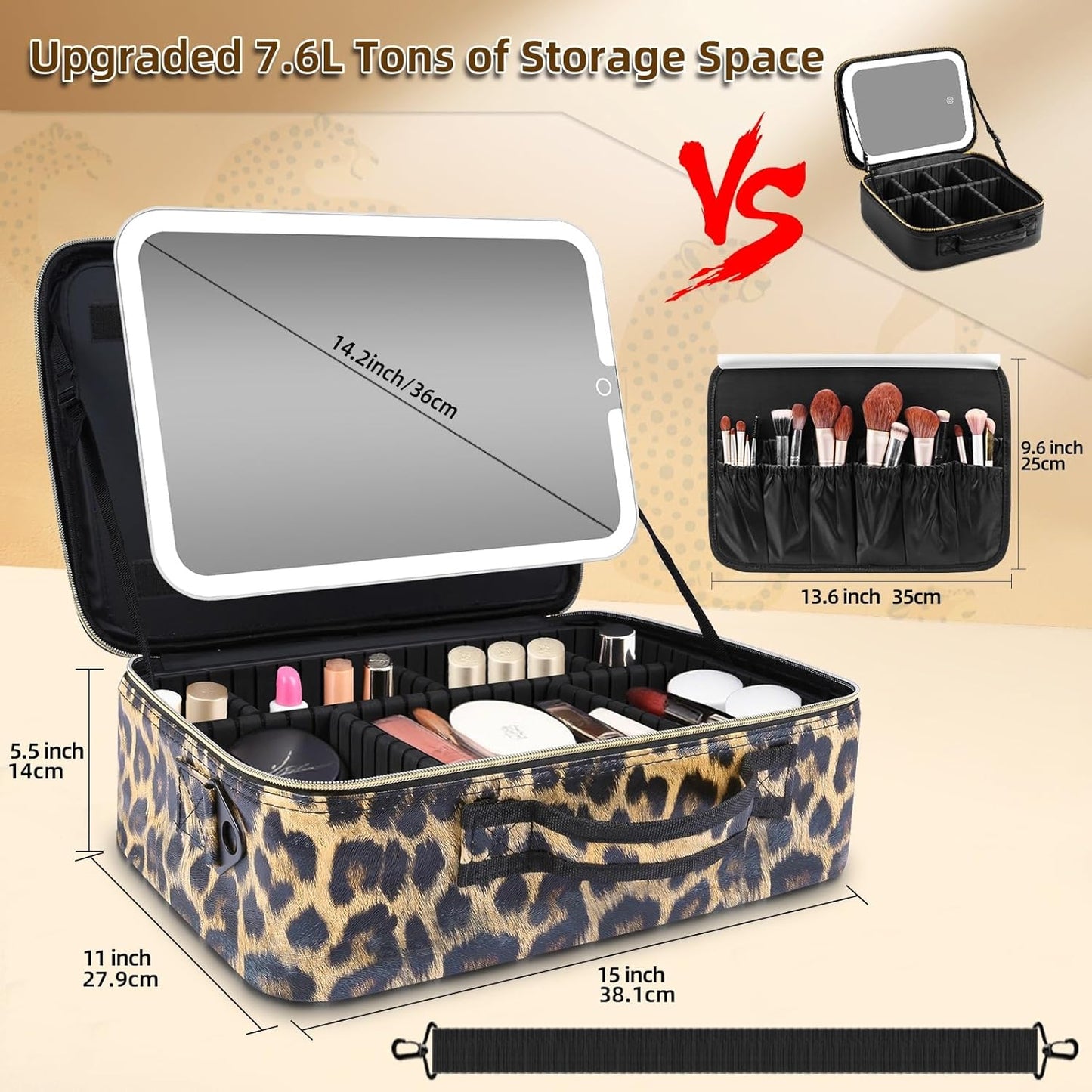 Large Travel Makeup Bag with LED Mirror, 3-Color Stepless Dimming Stand Mirror Detachable, with Adjustable Divider, Makeup Brush Holder Storage (Leopard)