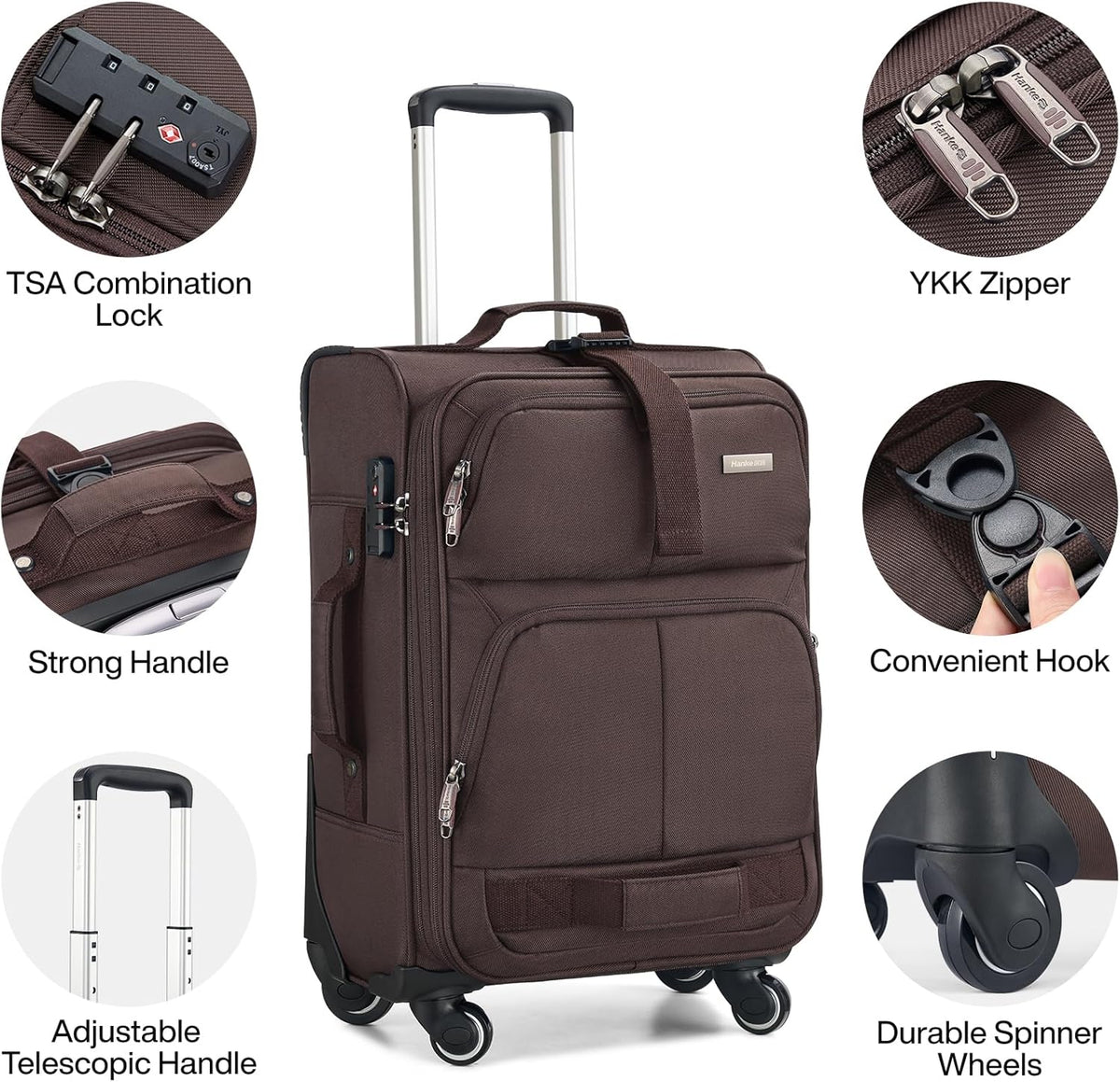 Hanke 20 Inch Softside Expandable Carry On Luggage with Spinner Wheels, Rolling Suitcase Travel Luggage with TSA Approved Luggage,Coffee