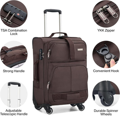 Hanke 20 Inch Softside Expandable Carry On Luggage with Spinner Wheels, Rolling Suitcase Travel Luggage with TSA Approved Luggage,Coffee