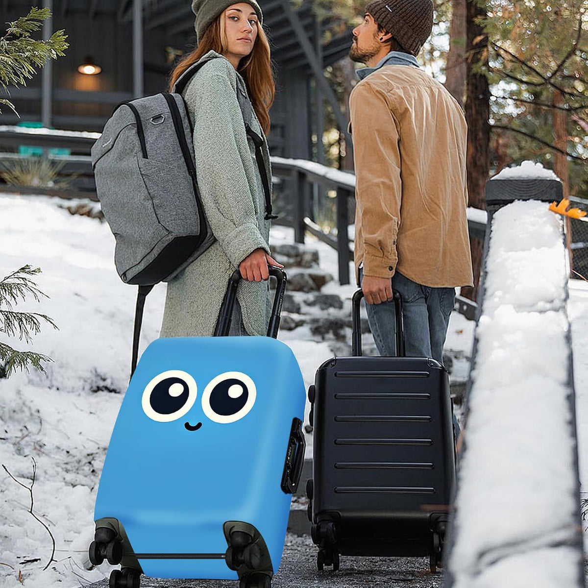 ANNA QUEEN Cute Smiley Face Luggage Cover, Blue Cartoon Suitcase Protector with Big Eyes Design, Stretchable, Washable Travel Cover for 28-30 Inch Luggage