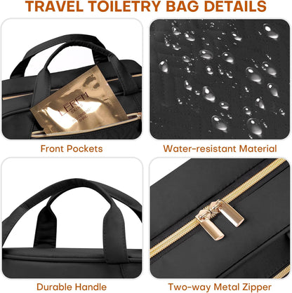 Hanging Toiletry Bag for Women Travel, 2 Sizes Large & Small Waterproof Cosmetic Organizer with 4 Compartments, Rotating Hook, Foldable Pink Travel Bag for Toiletries & Makeup - Medium Black