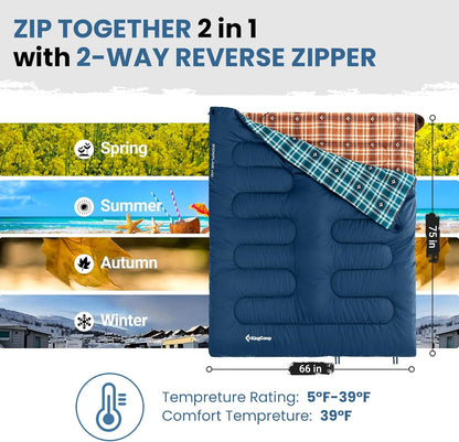 KingCamp Sleeping Bag for Adults, Cold Weather & Warm XL Big and Tall Flannel Sleeping Bags with Compression Sack Portable Waterproof Essentials Gear Accessories for Outdoor Camping