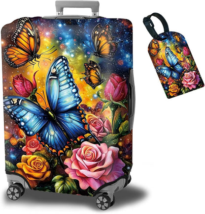 Luggage Cover Suitcase Protector + Tag, Colorful Rose Butterfly Travel Cover for 29-30 inch Luggage (XL) with Concealed Zipper, Washable Elastic Cloth, Dustproof, Anti-Scratch