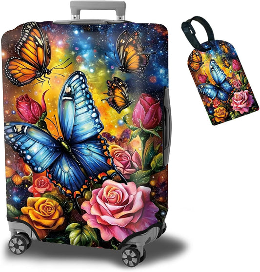 Luggage Cover Suitcase Protector + Tag, Colorful Rose Butterfly Travel Cover for 29-30 inch Luggage (XL) with Concealed Zipper, Washable Elastic Cloth, Dustproof, Anti-Scratch