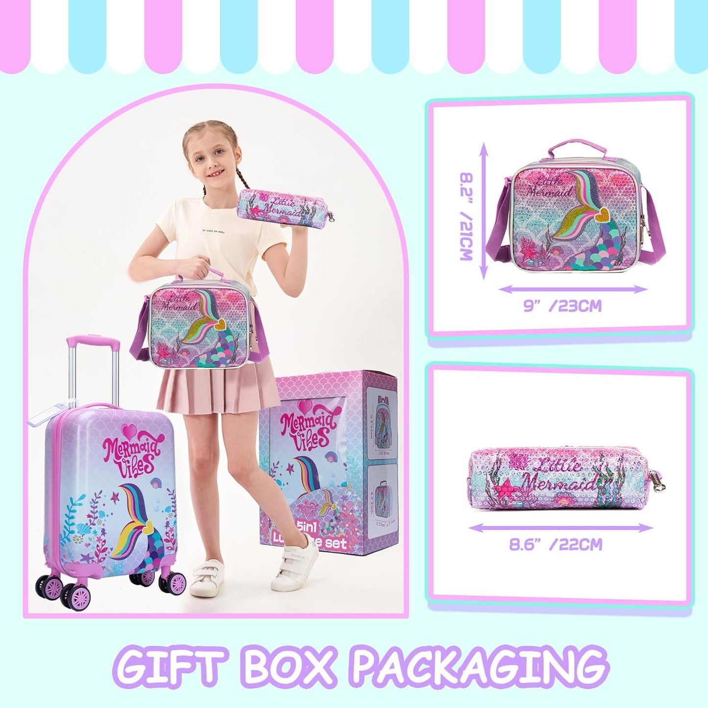 Cute Pink Mermaid Kid’s Luggage Set 5 Piece Suitcase Set 16’’ Hardside Luggage with Spinner Wheels Girls Boys Carry on Toddler Luggage Travel Rolling Luggage Carry on Luggage Airline Approved